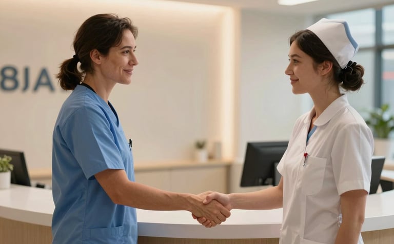 A professional handshake between a healthcare manager and a nurse in a modern London clinic reception area. The lighting is warm and natural, conveying trust and efficiency. British English / UK.