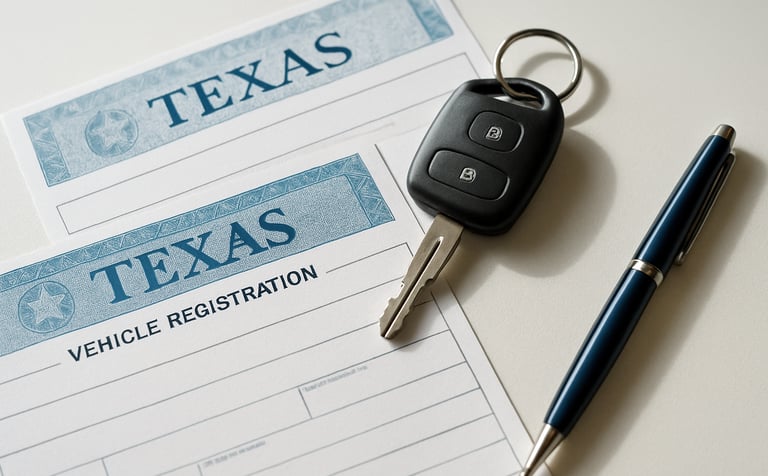 A close-up, high-angle shot of official Texas vehicle registration documents and a set of keys on a clean white desk. Beside the documents is a premium deep navy blue pen. The lighting is bright and natural, creating a professional and trustworthy atmosphere.