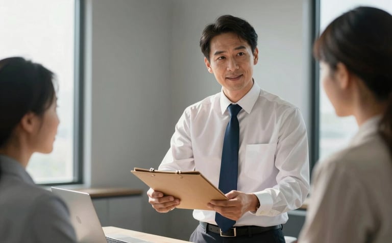 A professional interaction in a clean, modern Texas office. A consultant in a white shirt and navy blue tie is handing a folder to a client. The background features soft steel gray walls and a large window with soft sunlight. Minimalist and premium style.