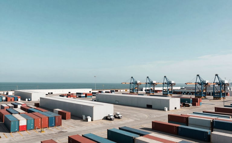 A wide-angle professional photograph of a modern logistical hub or container terminal during the day. The scene shows organized logistics infrastructure with a clear blue sky. The composition is clean and efficient, emphasizing global movement and reliability. North American coastal setting with deep teal and soft white tones.