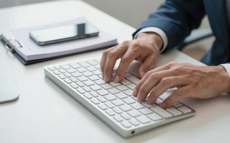 Close-up photography of a business person's hands using a modern keyboard in a clean, minimalist office setting. Next to the keyboard is a professional planner and a high-end smartphone. The lighting is bright and clean, reflecting a professional North American corporate environment with accents of teal and white.