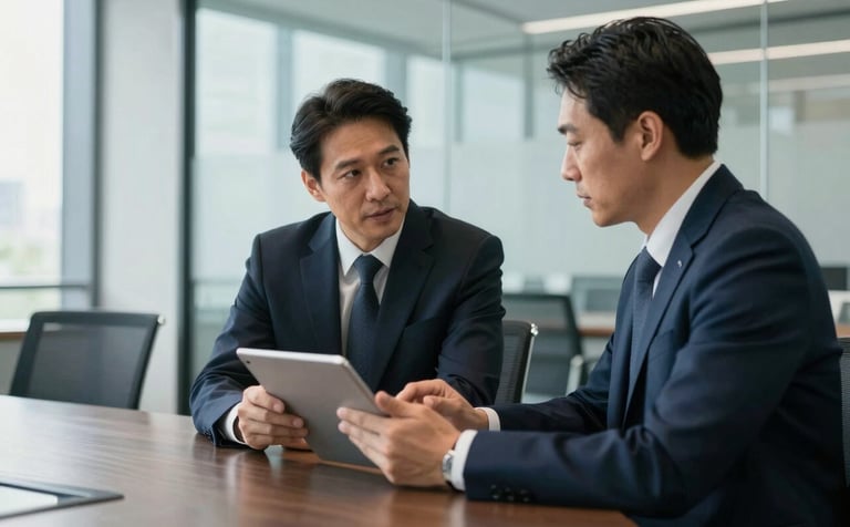 Photography of two professionals in a sleek, glass-walled North American corporate boardroom, discussing a digital strategy on a tablet. Bright morning light, sharp business attire, with dark navy and light blue accents in the background.