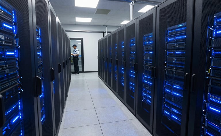 A wide angle shot of a clean, high-tech North American data center with glowing blue server racks. A professional technician is visible in the distance, emphasizing a secure and reliable technological environment.