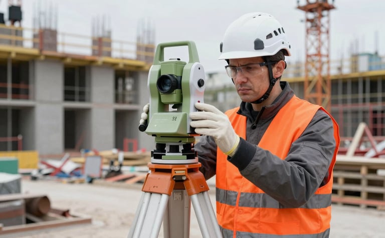 A professional surveyor in a Central European construction environment wearing a white helmet and orange safety vest, operating a high-tech surveying total station on a tripod, background shows an active but organized construction site, sharp focus, professional industrial style.