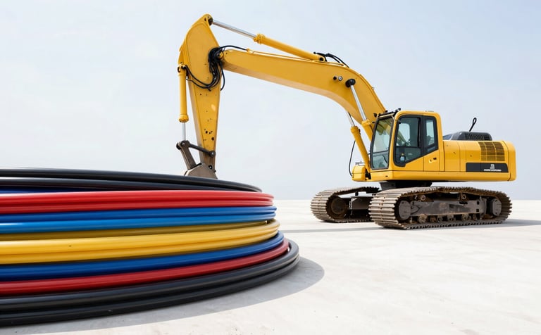 Wide-angle photograph of a Central European infrastructure site, featuring a yellow Goldmann excavator and neatly stacked colorful conduits for glass fiber cables, clean white space in the composition, bright and professional atmosphere.