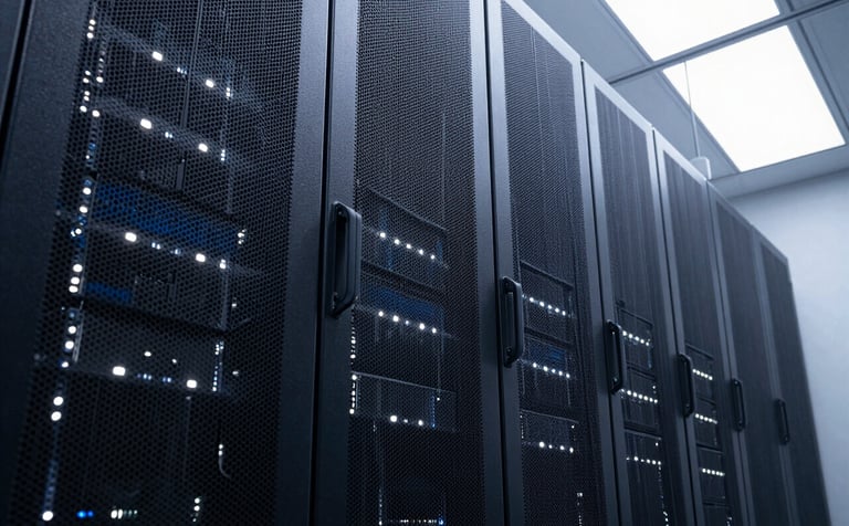 A low-angle, cinematic shot of a modern server room aisle. Sleek Deep Obsidian Black server racks lined with tiny, glowing Mist White and Midnight Navy indicators, creating a sense of massive scale and innovative reliability.