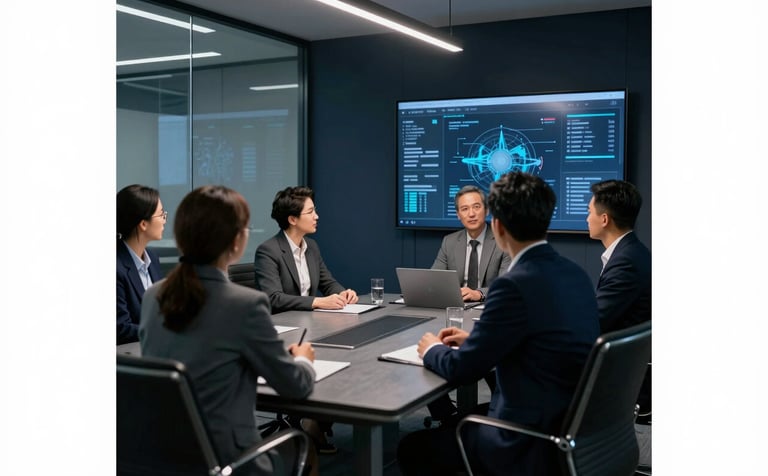 A sophisticated corporate boardroom scene where a Slate Grey digital interface is being examined by professionals in a high-tech, Midnight Navy environment with glass and steel details.