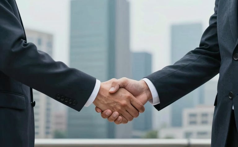 A handshake between two professionals in business attire, symbolizing trust and agreement. The shot is medium-close, showing the firm grasp in front of a modern skyline. Professional color grading with brand teal and grey.