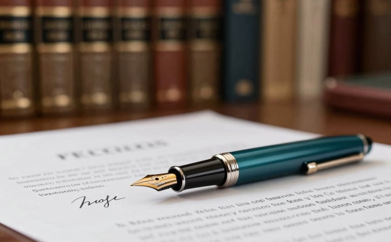 A focused close-up of a premium fountain pen resting on a signed legal document. The background features blurred bookshelves with leather-bound law books. Lighting is sharp yet warm. Colors include deep teal and metallic accents.