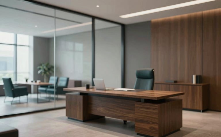 A high-end law office interior with a large oak desk and glass walls. The lighting is soft and professional, highlighting a sophisticated environment. Incorporates the brand palette with dark teal leather chairs and grey-toned architectural elements.