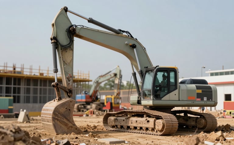 A construction site featuring an excavator and manufacturing machinery under a clear sky. The scene conveys infrastructure development and expertise. The equipment shows metallic finishes that blend with #2F3E46 and earthy sage tones of #84A98C.