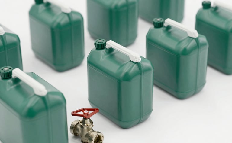 A clean, high-angle shot of various industrial-grade agricultural chemical containers and professional irrigation valves. The lighting is bright and clinical, emphasizing product quality and safety. The color palette features #84A98C and #52796F accents.