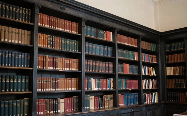 A serene and elegant school library in West London, with dark charcoal bookshelves and a sense of deep intellectual heritage. Western European / British architectural details. Soft, warm lighting creates a nurturing atmosphere of integrity and faith.