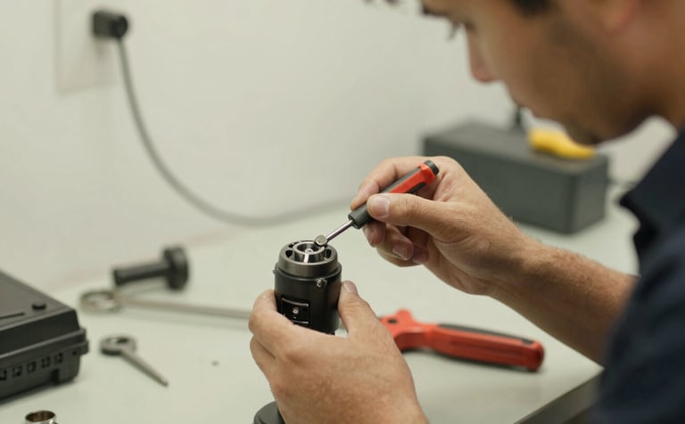 An expert locksmith technician repairing a complex car ignition cylinder. The shot is detailed and technical, showcasing high-end tools and a clean work area. Warm, professional lighting with #A98C5D tones against the #E7EAEF interior.