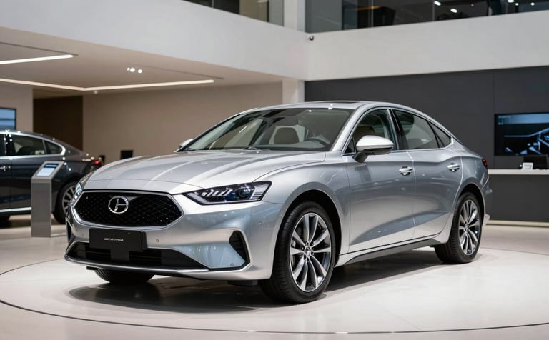 A high-end, clean car showroom in a modern Latin American city. A sleek silver sedan is the central subject, captured at eye-level with professional studio lighting. The background features minimalist architecture in white and dark gray tones, reflecting an atmosphere of trust and efficiency.