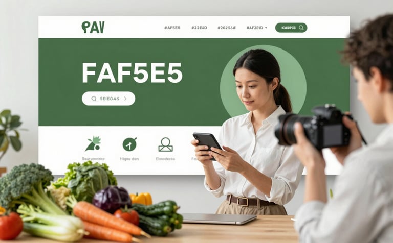 A professional digital marketer in a clean, modern studio space, holding a camera while reviewing high-quality shots of locally sourced vegetables. The aesthetic is clean and high-end, featuring a palette of #FAF5E5, #2E2E2D, and #2A5F43.