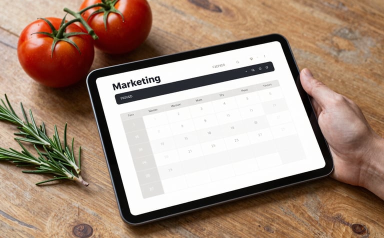 A top-down, sophisticated shot of a rustic wooden table with a digital tablet showing a clean marketing content calendar. Next to the tablet are fresh, organic heirloom tomatoes and a sprig of rosemary, illuminated by soft, natural morning light. Brand mood: professional yet grounded. Colors: #2E2E2D, #FAF5E5.