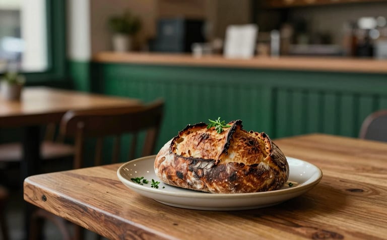 A cozy, Scandinavian-style restaurant interior. A single wooden table holds a high-end ceramic plate with an artisanal sourdough loaf and fresh herbs. The lighting is soft and cinematic, highlighting the textures of the food. Brand colors incorporated: #2A5F43 and #9B1C31 accents in the decor.