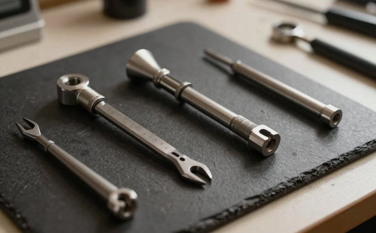 High-end watchmaking tools lying on a deep charcoal workbench, soft warm lighting highlighting metal textures, precision-milled steel, and soft off-white surfaces.