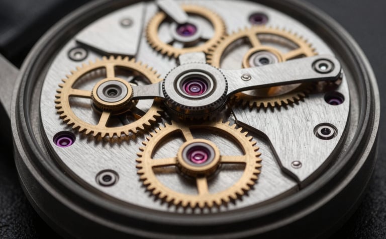 Macro photography of a complex mechanical watch movement, showing gears and rubies in polished steel and brass, soft cinematic lighting reflecting off deep black and charcoal surfaces.