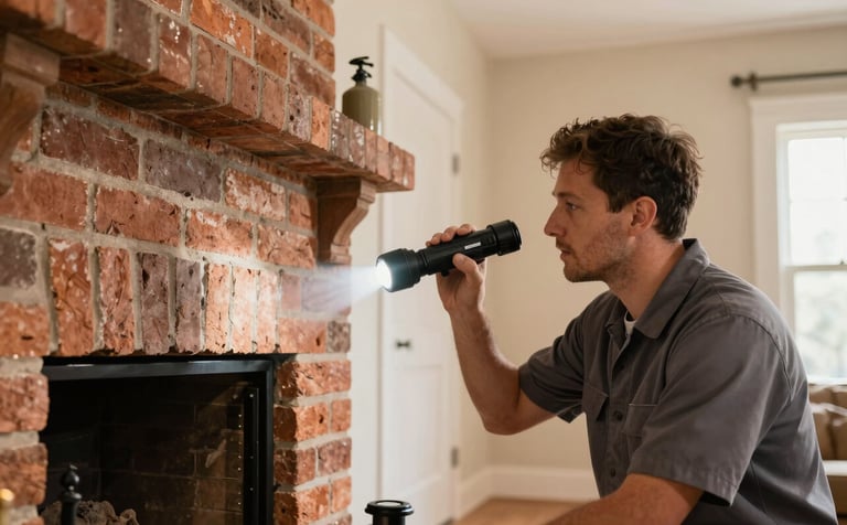 A professional service technician in a clean uniform using a high-powered flashlight to inspect the interior of a brick fireplace in a North American home, warm natural light, deep orange and beige tones in the room.