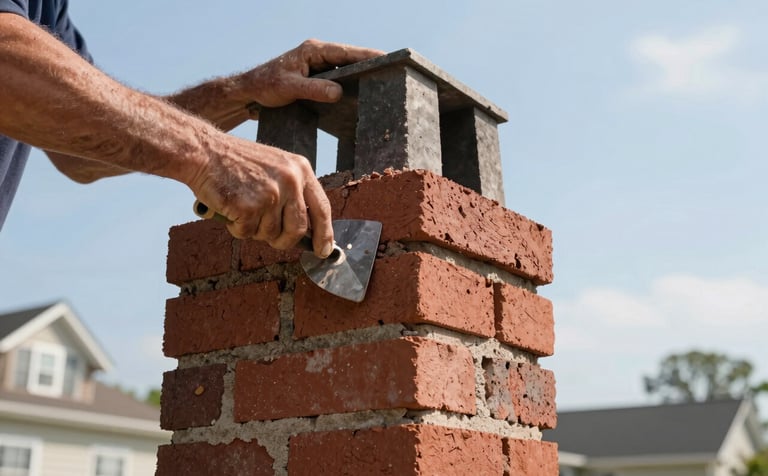 Close-up of expert masonry work being performed on a residential chimney, hands using a trowel with precision on red brick, bright clear sky, North American / US suburban home environment.