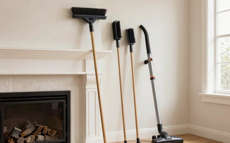 A tidy setup of professional chimney sweeping tools including specialized brushes and a HEPA-filter vacuum next to a clean fireplace hearth in a well-lit North American living room, professional and trustworthy atmosphere.