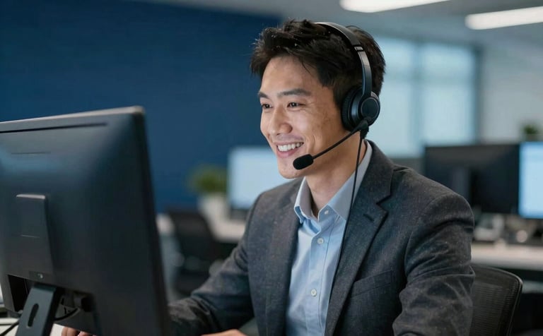 A professional person wearing a headset in a modern North American / US corporate environment, smiling while looking at a computer screen. The background is softly blurred with deep navy blue and soft cerulean blue professional decor.