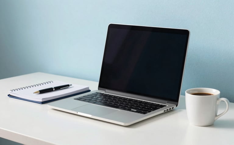 A clean, minimalist desktop workspace in a North American / US office setting. A laptop, a notebook with a professional pen, and a cup of coffee sit on a desk. The lighting is bright and natural, incorporating soft cerulean blue accents and pale frost blue walls.