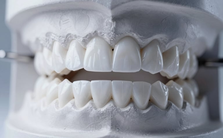 Studio shot of bright white veneers on a model dental cast, emphasizing precision and beauty. The lighting is sophisticated and bright, with a palette focus on #F5F8FA and subtle #2A4B6A shadows for depth and professional credibility.