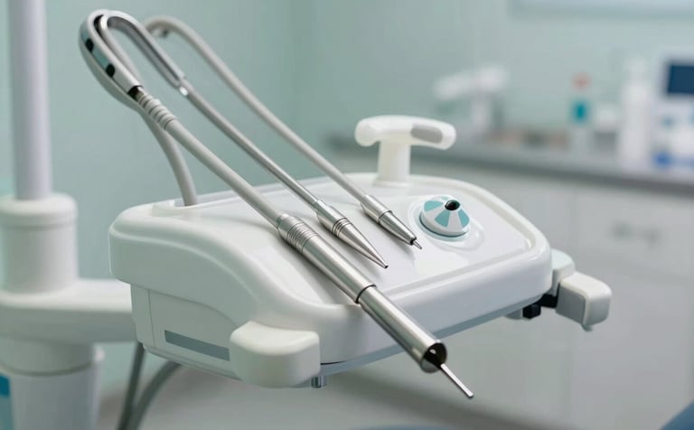 A close-up, high-end photograph of a clean, modern dental workstation. Soft morning light hits stainless steel instruments and a white dental chair. The background shows hints of #D6E0EC and #F5F8FA colors, conveying a sterile, professional, and sophisticated atmosphere.