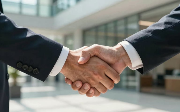 A close-up of a firm handshake between two business professionals in a sunlit US corporate lobby. The background is slightly blurred with steel teal and off-white tones, emphasizing trust and successful connection.