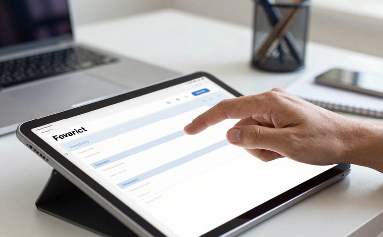 A close-up view of a professional's hand navigating a clean job application interface on a tablet. The setting is a bright, modern US home office with deep navy and ice white tones, conveying a supportive and clear user experience.