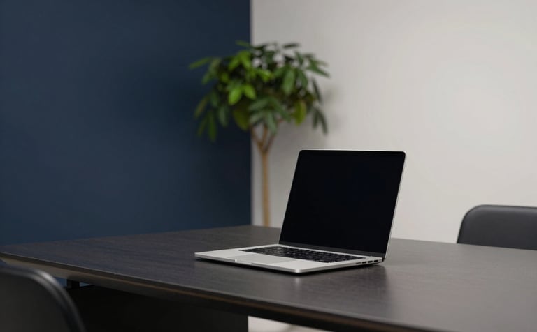 A high-end, minimalist office workspace with a sleek laptop open on a desk. The lighting is soft and professional, with deep navy and soft off-white tones in the room decor. A small forest green plant sits in the background, out of focus.