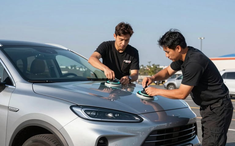 Two professional technicians in a North American parking lot are carefully installing a new windshield onto a modern silver SUV using suction glass lifters. The lighting is crisp and clear, emphasizing safety and precision. Steel blue sky background.