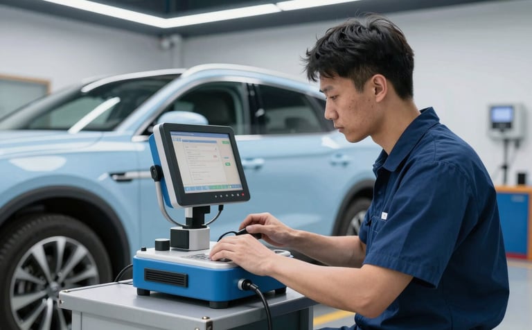 Inside a modern, clean North American auto shop, a technician uses advanced electronic calibration equipment positioned in front of a modern car. Features steel blue and pale blue accents with bright, professional lighting.