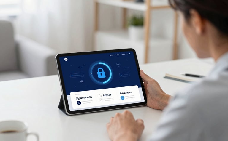 An IT expert showing digital security features to a client on a sleek tablet screen. The scene is reassuring and professional, set in a bright modern home. Brand colors #0A1C2B and #C8D7E0 are reflected in the decor and attire.