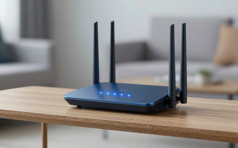 A high-end WiFi router with blue LED indicators on a minimalist wooden shelf. In the background, a blurred modern living room. The aesthetic is clean and high-tech, using #3A6B8F and #F8FAFC to inspire confidence in connectivity.