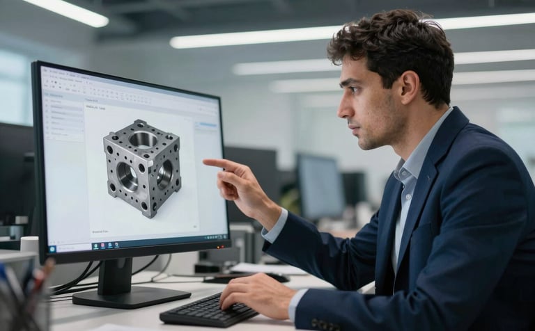 A professional engineer in a modern Middle Eastern / Turkish industrial office, examining a complex metal mold design on a high-end computer screen. The lighting is crisp and professional, highlighting a focused work environment. The color palette features deep navy blue and soft light gray tones.