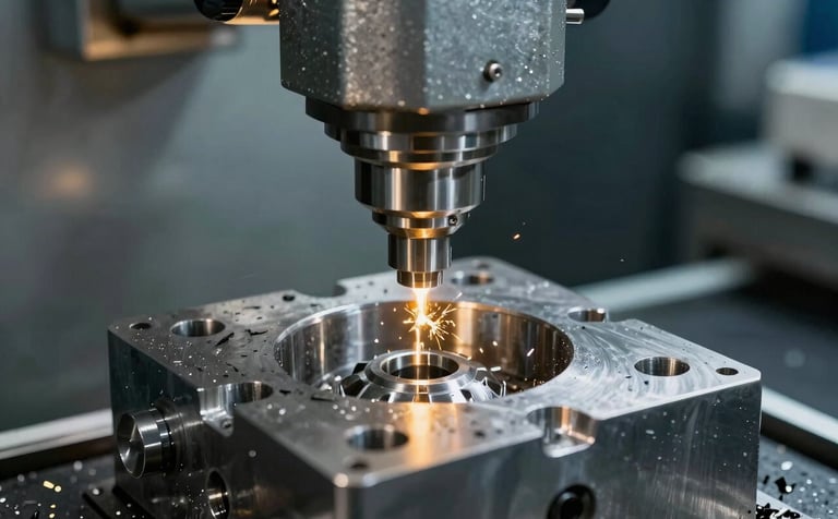 Close-up photography of a high-precision CNC machine tool working on a steel mold in a clean Middle Eastern / Turkish factory setting. Fine metal shavings and subtle golden sparks reflect the metallic gold and steel blue lighting of the facility.