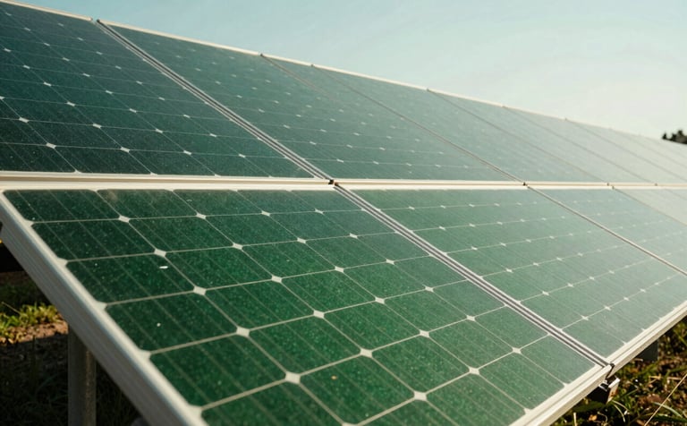 A clean, modern perspective shot of a utility-scale solar farm. The panels reflect a medium forest green hue under a professional midday sky. The focus is on efficiency, reliability, and technical precision.