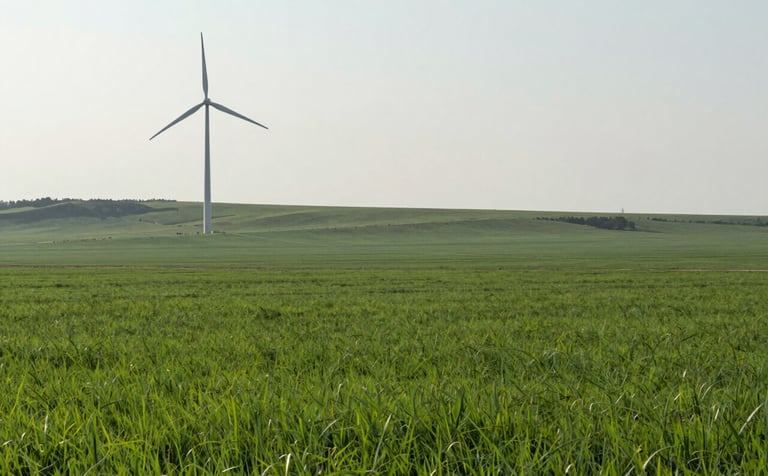 High-end panoramic photography of a vast green landscape with a subtle wind turbine silhouette in the distance. The lighting is bright and airy with pale mist grey skies. The composition emphasizes the scale and potential of sustainable land for energy development.