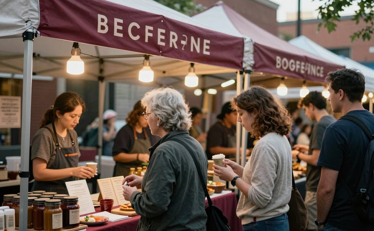A lively scene of a bustling modern North American / US artisanal market during the day. People are interacting with vendors under warm, inviting lights. The composition is cinematic, showing an authentic and cozy atmosphere with subtle deep ripe crimson branding on stall signs. Natural, vibrant colors.
