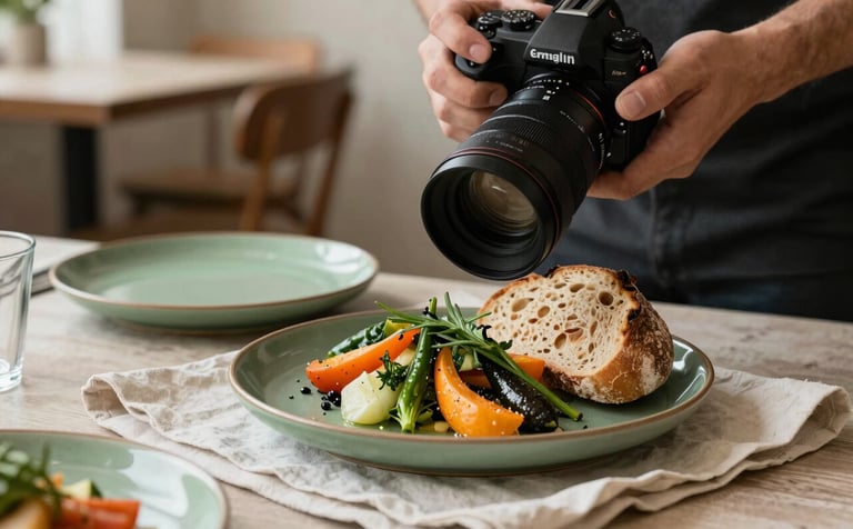 Close-up of a professional food photographer in a cozy North American / US restaurant setting, capturing a beautifully plated dish of organic vegetables and artisanal bread on a crisp parchment colored cloth. Soft natural light, Scandinavian-style interior with matte forest green ceramic plates and rustic textures.