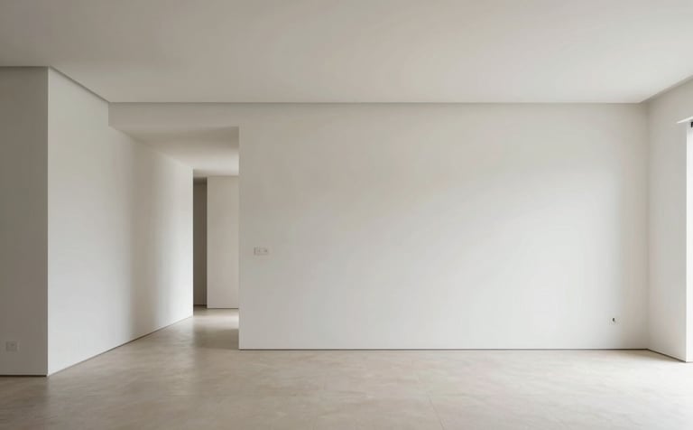 A professional wide-angle interior photograph of a modern Spanish home renovation. The scene highlights pristine white plasterboard walls and a minimalist living room design with sharp, clean lines and elegant lighting. Soft natural light illuminates the smooth surfaces. Professional architectural style.