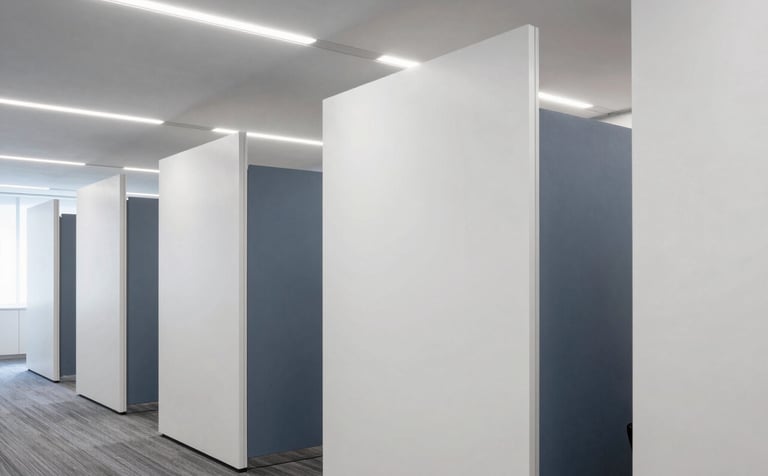 Professional photography of a contemporary office interior in Madrid. Focus on sleek plasterboard partitions and modern ceiling design. The space is bright, professional, and corporate, featuring a palette of white and slate blue grey.