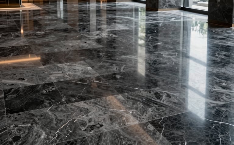 A wide-angle shot of a luxurious hotel lobby floor covered in large, reflective deep charcoal black and muted stone grey marble tiles. The patterns are seamless, showing expert installation and a premium mirror-like finish under bright modern lighting.