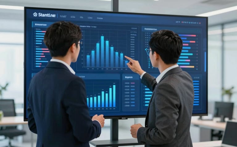 A professional team of two people in business attire analyzing complex data visualizations on a large glass screen in a bright, modern office. The image is sophisticated and tech-focused, emphasizing results and data. Includes brand accents of #0B132B and #3A506B.