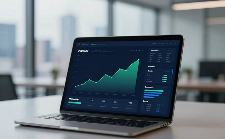 A high-end, modern office setting with a blurred background of a city skyline. In the foreground, a sleek tablet displays a professional marketing dashboard with rising green growth charts and conversion data. The color palette features deep blues (#0B132B) and cool steel tones (#3A506B), lit with soft natural daylight.