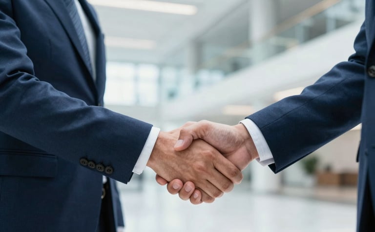 A close-up photography of a firm professional handshake between two executives in a bright, modern US office lobby. The background shows blurred architectural elements of a tech hub. The lighting is crisp, highlighting the professional attire. The colors emphasize deep blue and light blue tones.